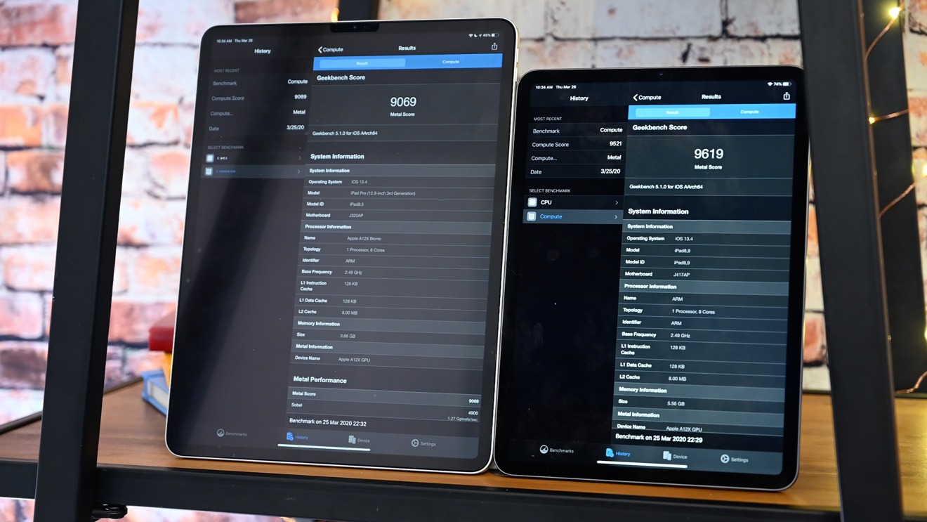 Показатели компьютерной графики iPad 2018 (слева) и iPad 2020 (справа) в программе Geekbench