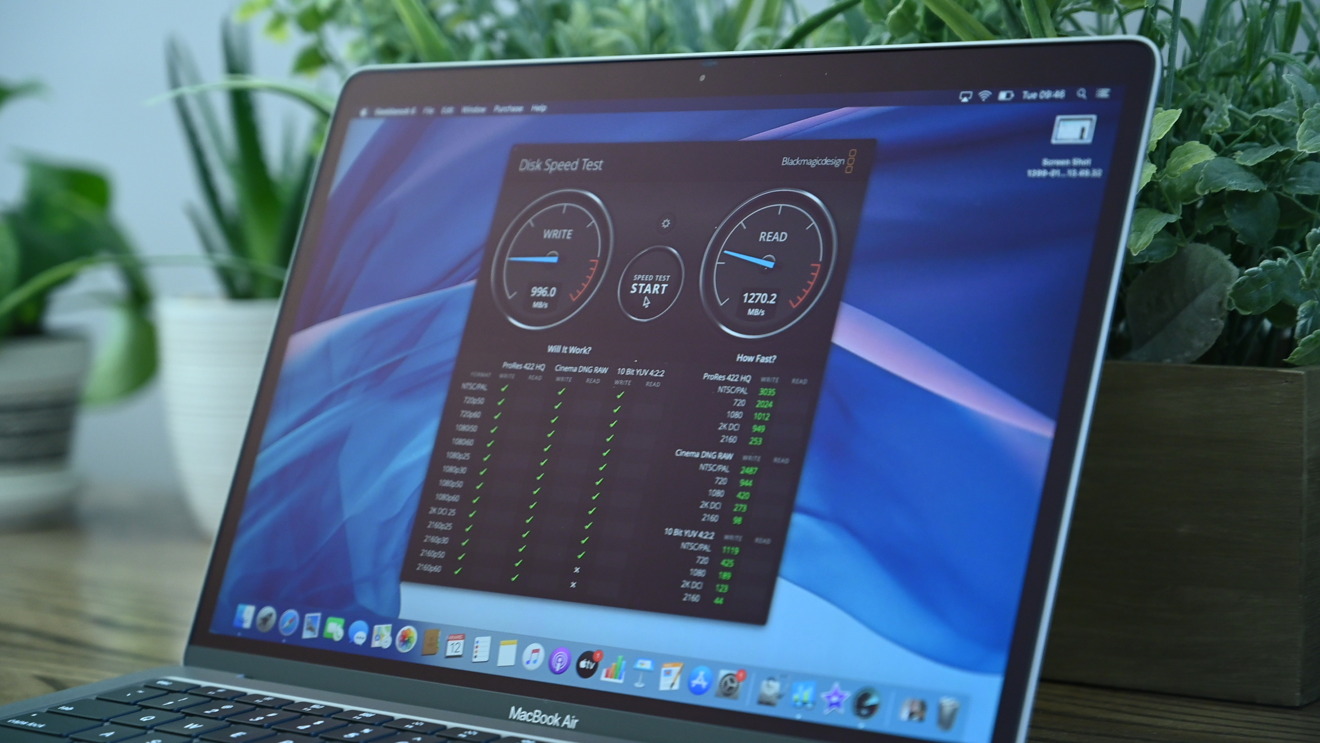 Результаты MacBook Air 2020, полученные в программном приложении Blackmagic Disk Speed Test